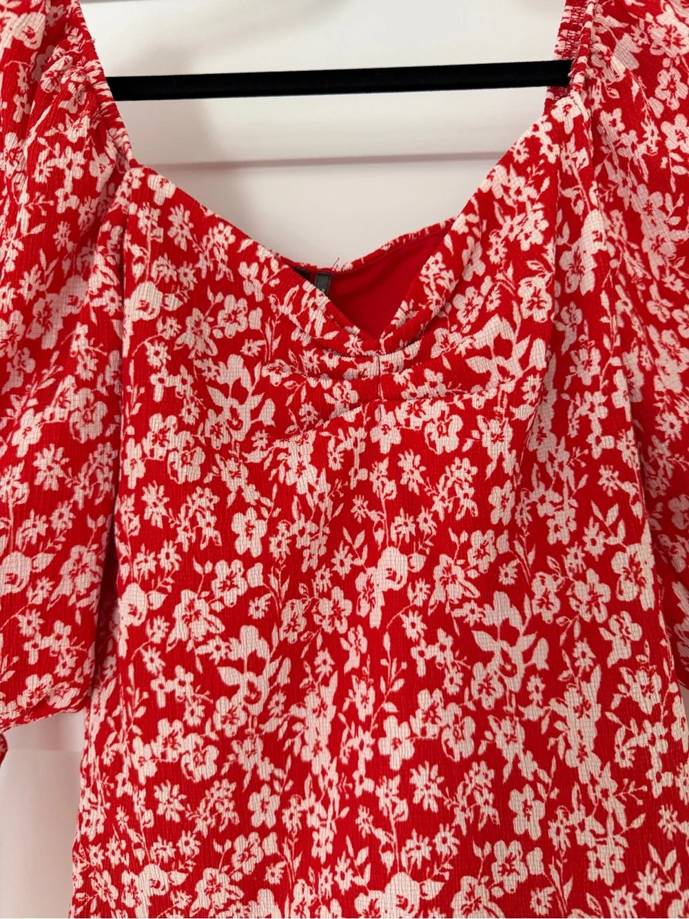 Anthropologie Red and White Floral Square-Neck Sweatheart Blouse